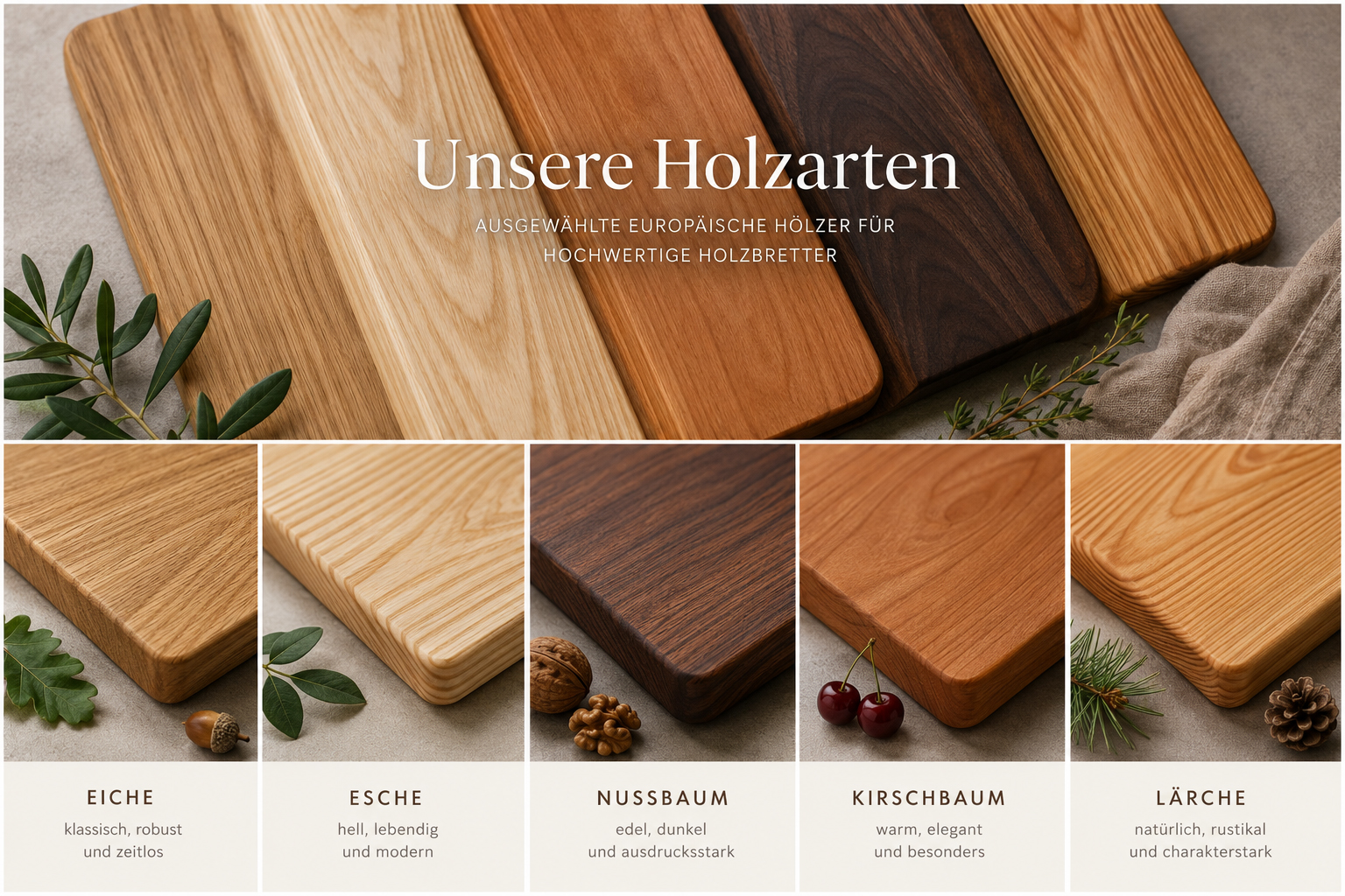 Verschiedene europäische Holzarten für hochwertige Holzbretter
